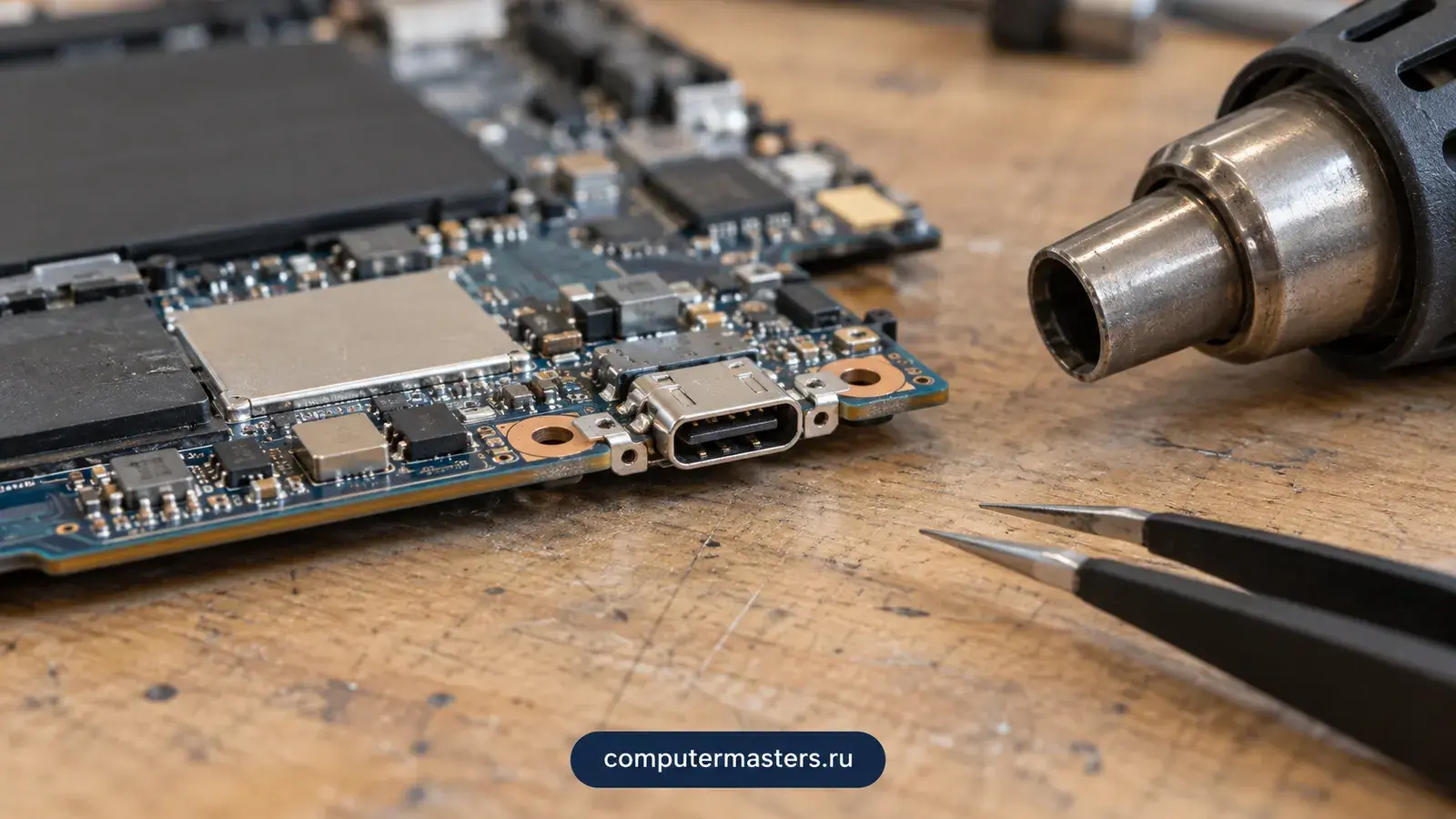 Край платы ноутбука с портом Type-C, рядом термофен и пинцет