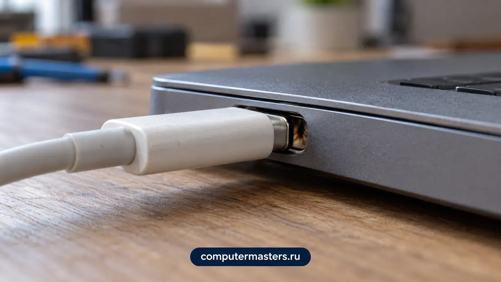 Кабель Type-C вставлен в порт тонкого ноутбука с небольшим перекосом
