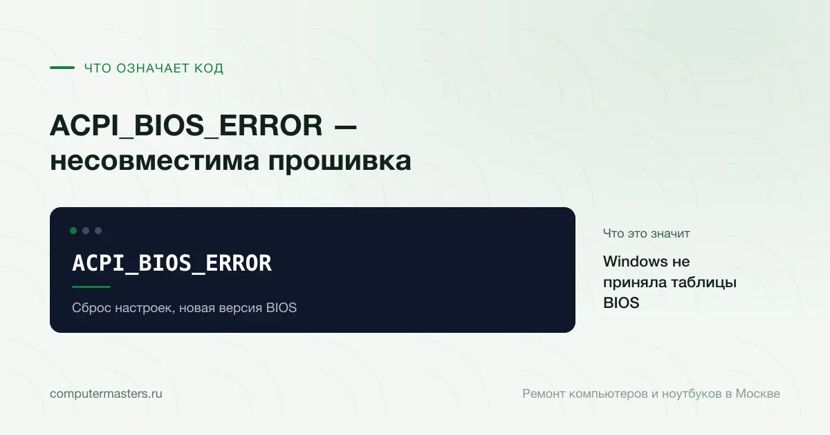 Экран с сообщением «ACPI_BIOS_ERROR»: windows не приняла таблицы bios, проверять в порядке «Сброс настроек, новая версия BIOS»
