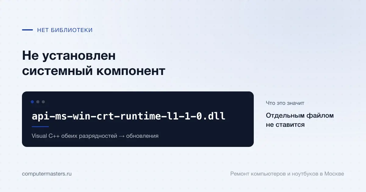 Экран с сообщением «api-ms-win-crt-runtime-l1-1-0.dll»: отдельным файлом не ставится, проверять в порядке «Visual C++ обеих разрядностей → обновления»