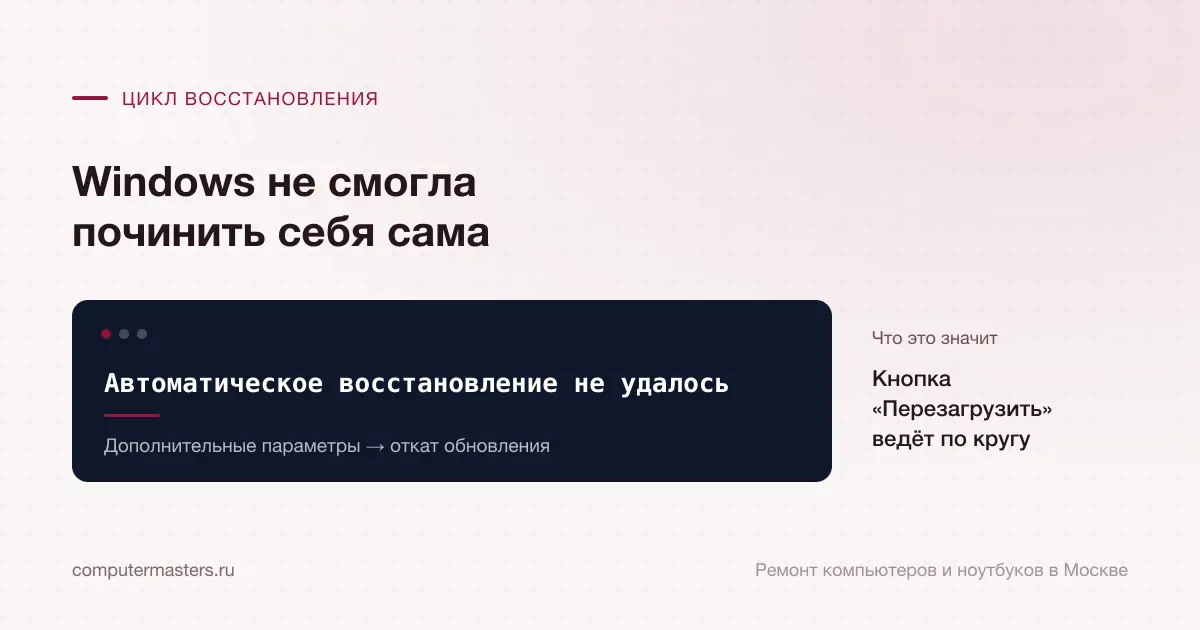 Экран с сообщением «Автоматическое восстановление не удалось»: кнопка «перезагрузить» ведёт по кругу, проверять в порядке «Дополнительные параметры → откат обновления»