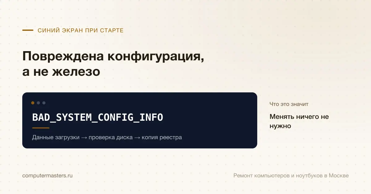 Экран с сообщением «BAD_SYSTEM_CONFIG_INFO»: менять ничего не нужно, проверять в порядке «Данные загрузки → проверка диска → копия реестра»
