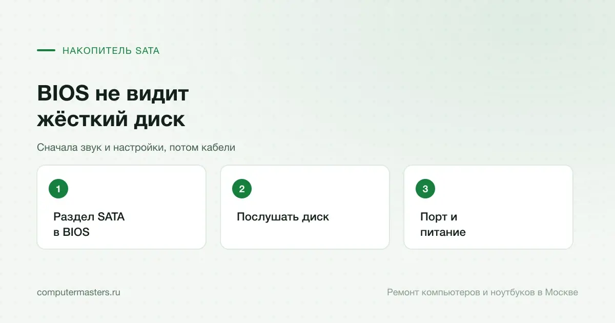 Три шага по порядку: раздел sata в bios, послушать диск, порт и питание