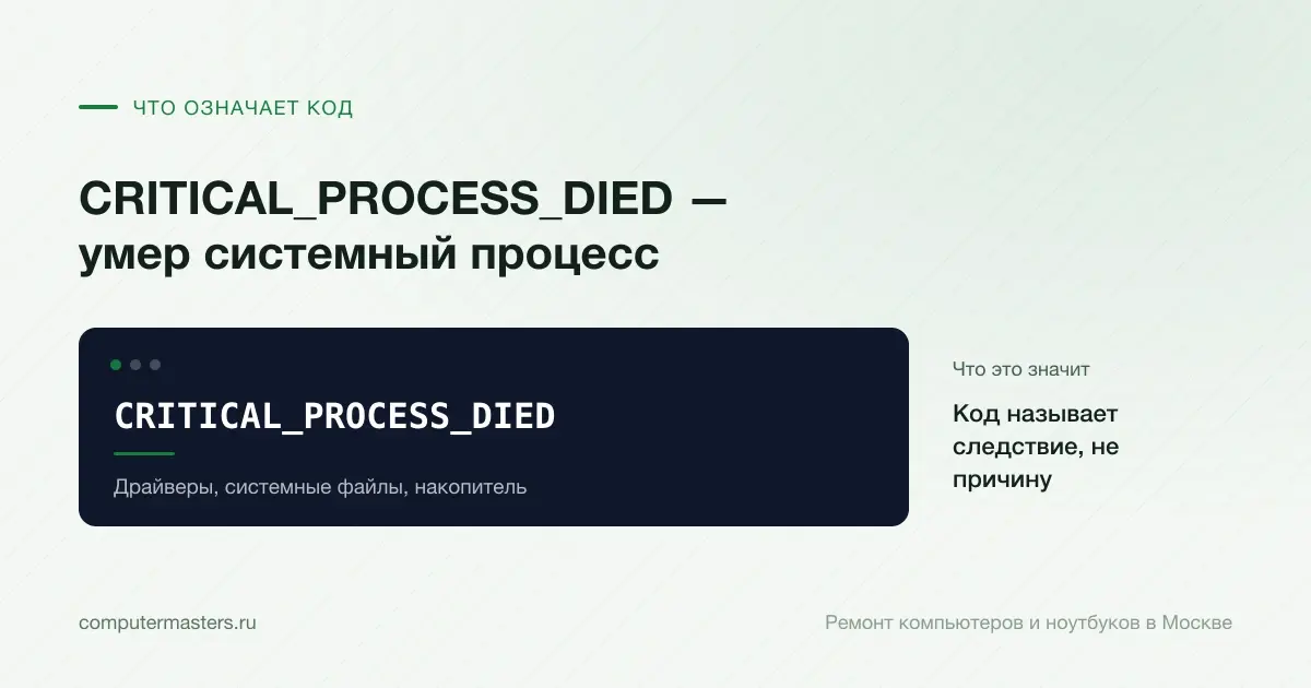 Экран с сообщением «CRITICAL_PROCESS_DIED»: код называет следствие, не причину, проверять в порядке «Драйверы, системные файлы, накопитель»