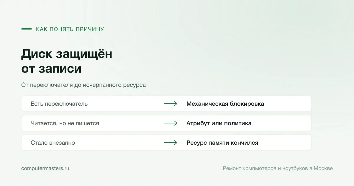 Таблица «признак — вывод»: есть переключатель — механическая блокировка; читается, но не пишется — атрибут или политика; стало внезапно — ресурс памяти кончился