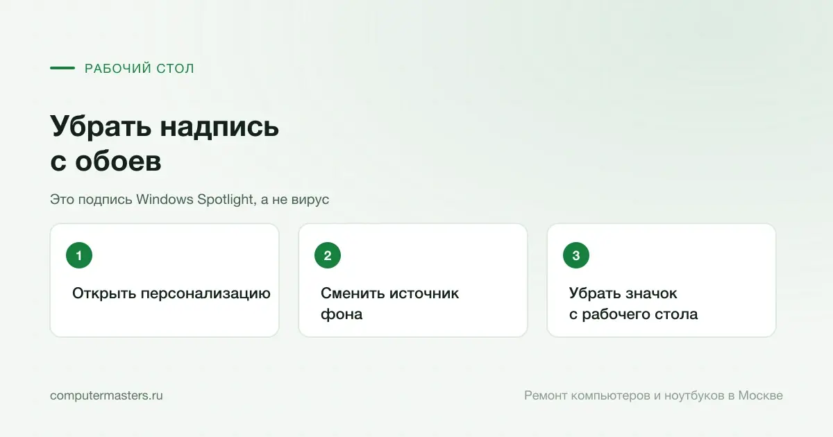 Три шага по порядку: открыть персонализацию, сменить источник фона, убрать значок с рабочего стола