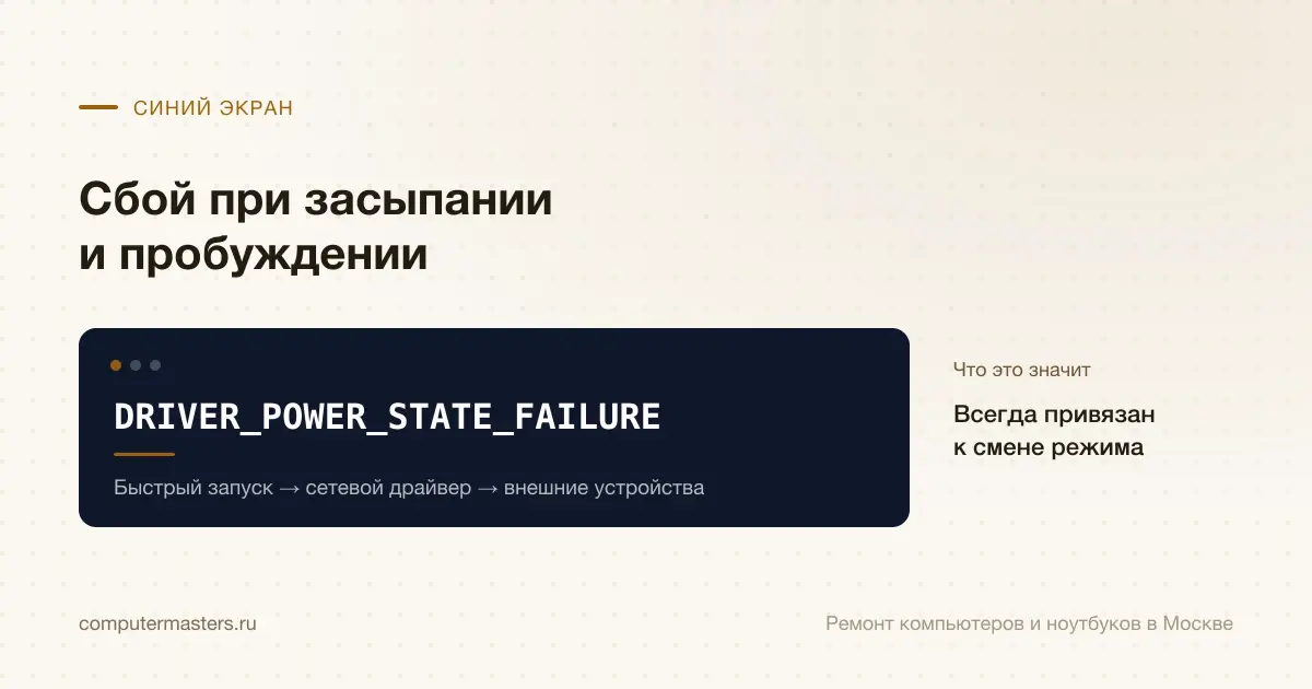 Экран с сообщением «DRIVER_POWER_STATE_FAILURE»: всегда привязан к смене режима, проверять в порядке «Быстрый запуск → сетевой драйвер → внешние устройства»