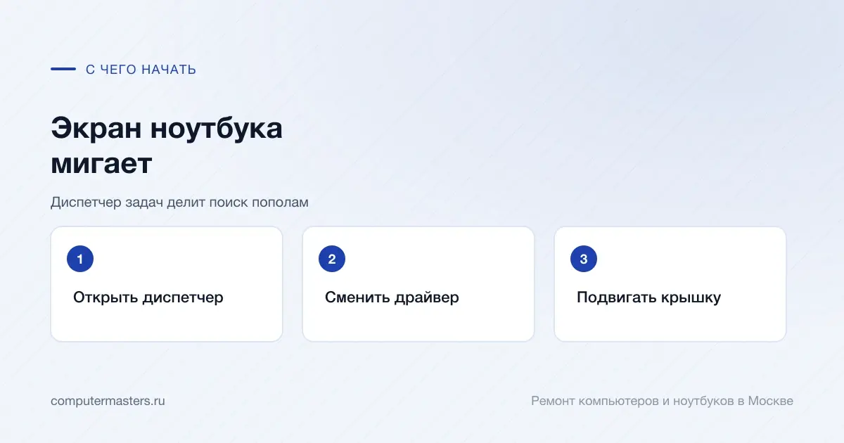 Три шага по порядку: открыть диспетчер, сменить драйвер, подвигать крышку