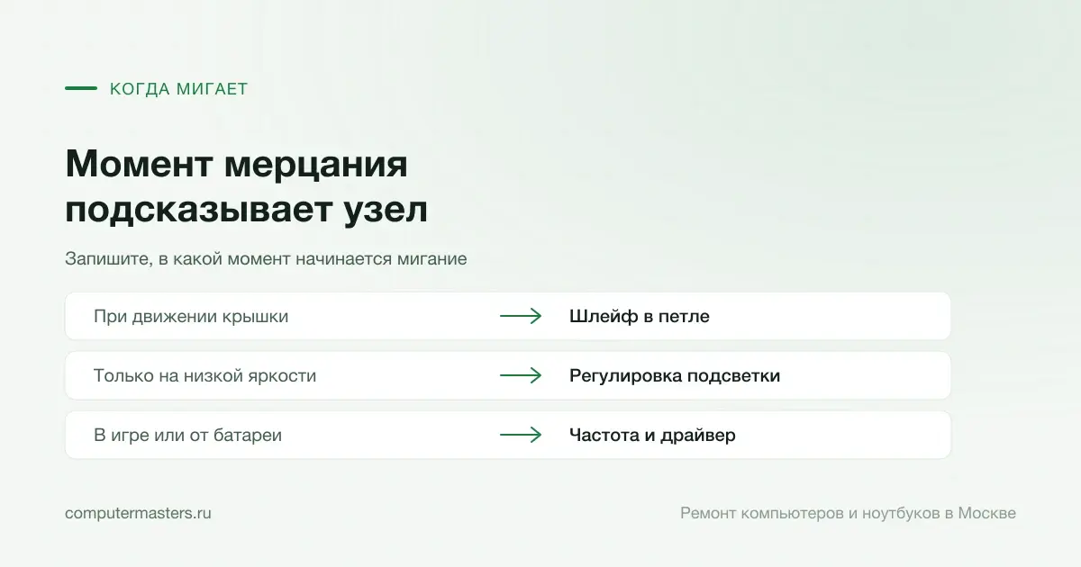 Схема «признак и вывод»: мигает при движении крышки, значит шлейф в петле; только на низкой яркости, значит регулировка подсветки; в игре или от батареи, значит частота и драйвер