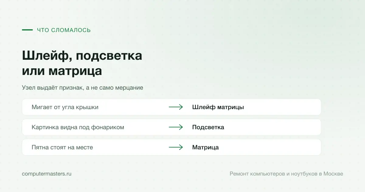 Схема «признак и вывод»: мигает от угла крышки, значит шлейф матрицы; картинка видна под фонариком, значит подсветка; пятна стоят на месте, значит матрица