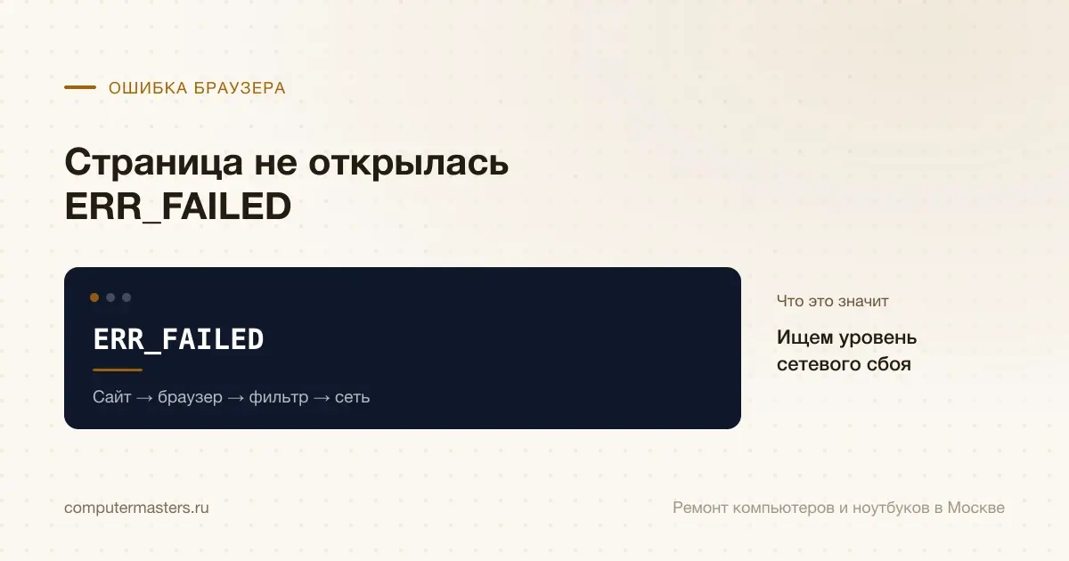 Экран с сообщением «ERR_FAILED»: ищем уровень сетевого сбоя, проверять в порядке «Сайт → браузер → фильтр → сеть»