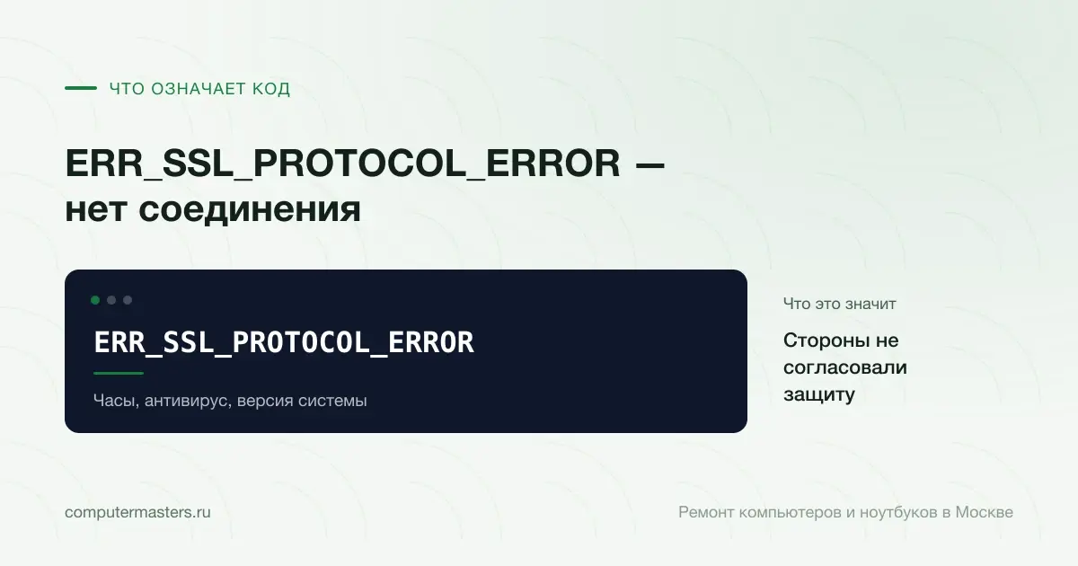 Экран с сообщением «ERR_SSL_PROTOCOL_ERROR»: стороны не согласовали защиту, проверять в порядке «Часы, антивирус, версия системы»