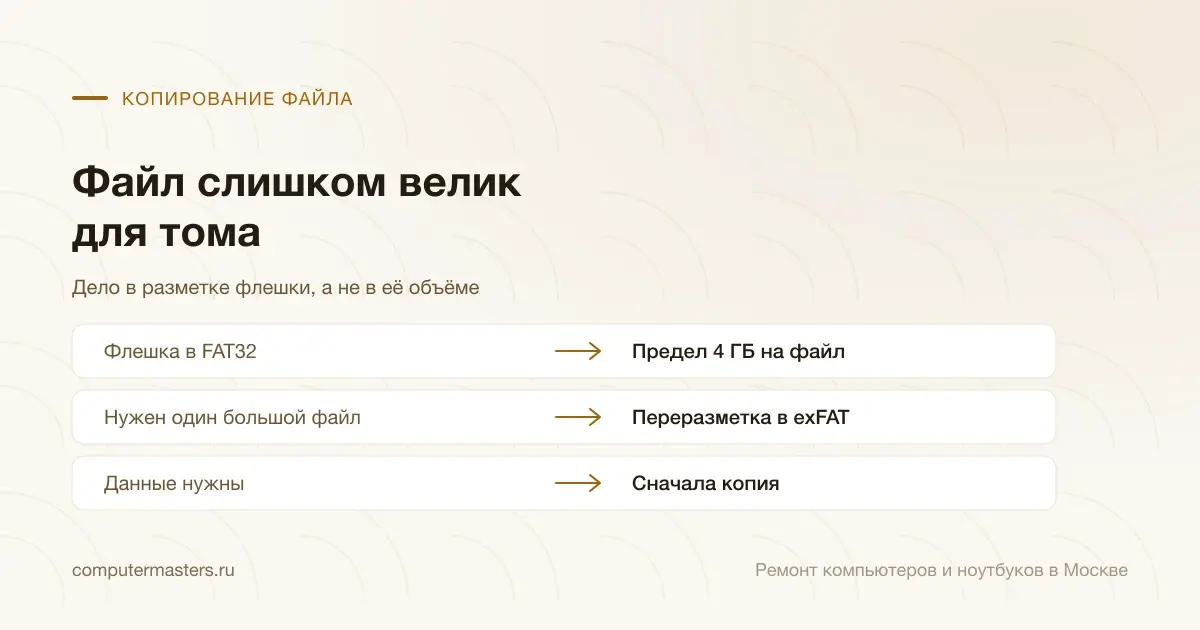 Таблица «признак — вывод»: флешка в fat32 — предел 4 гб на файл; нужен один большой файл — переразметка в exfat; данные нужны — сначала копия