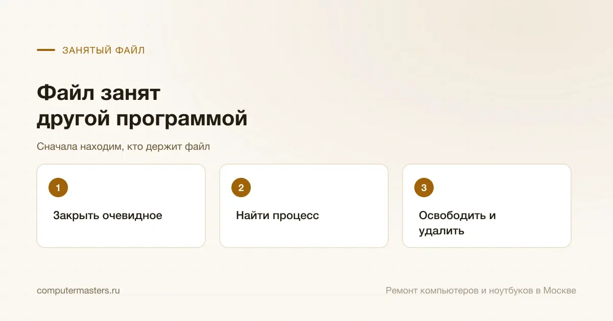 Три шага по порядку: закрыть очевидное, найти процесс, освободить и удалить
