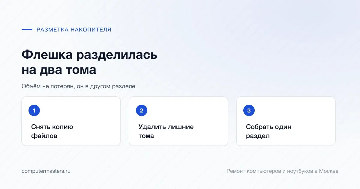 Три шага по порядку: снять копию файлов, удалить лишние тома, собрать один раздел