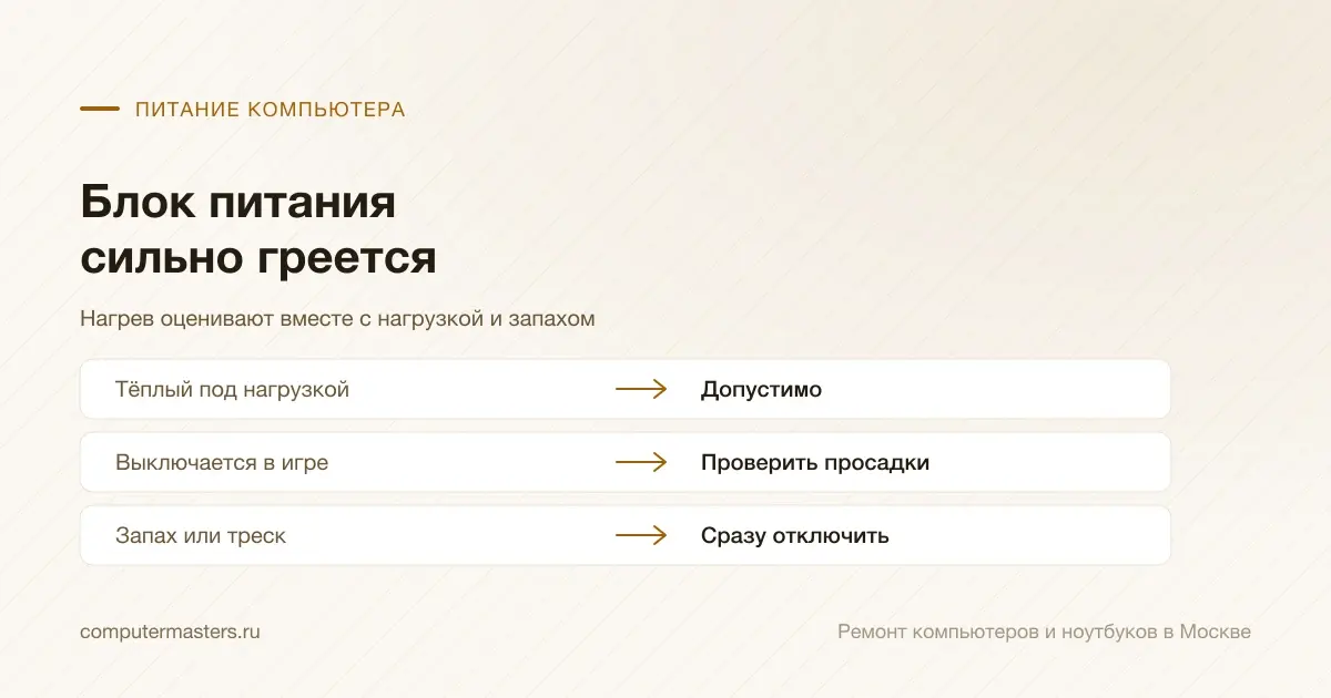 Таблица «признак — вывод»: тёплый под нагрузкой — допустимо; выключается в игре — проверить просадки; запах или треск — сразу отключить