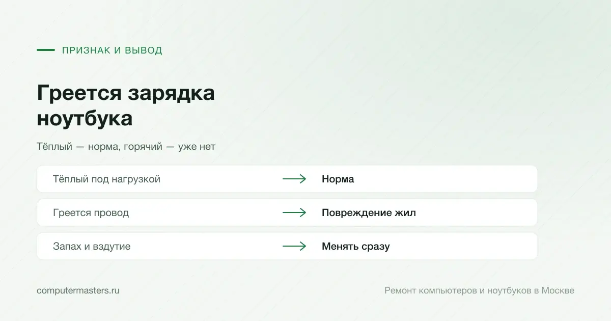 Таблица «признак — вывод»: тёплый под нагрузкой — норма; греется провод — повреждение жил; запах и вздутие — менять сразу