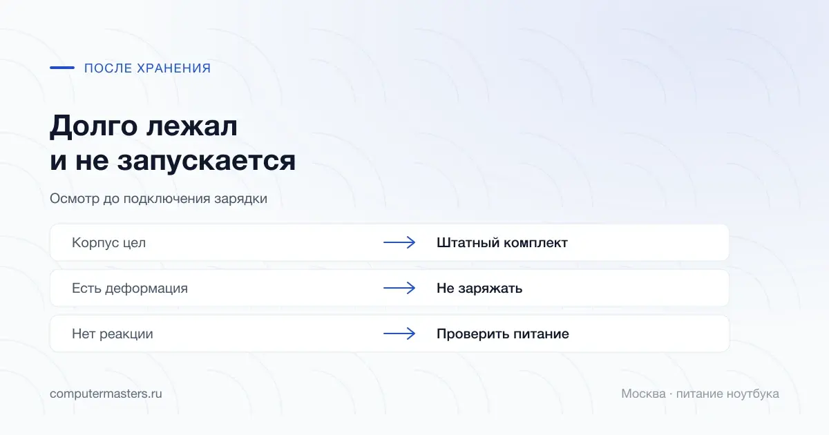 Признаки, которые проверяют до зарядки ноутбука после хранения