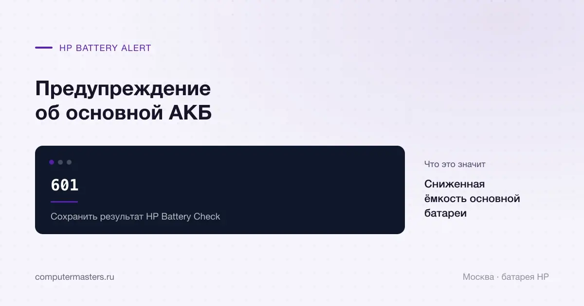 Код HP Battery Alert 601 с направлением проверки основной батареи