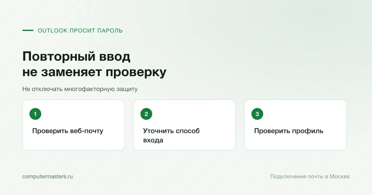 Проверка веб-почты, способа входа и профиля при запросе пароля Outlook