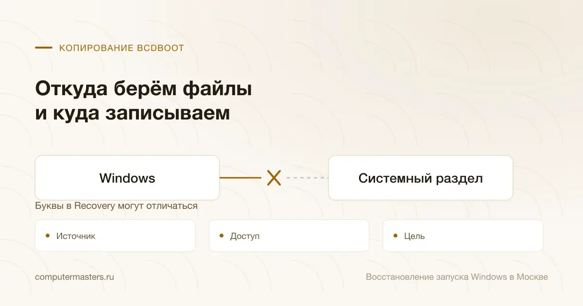 Связь исходной папки Windows и системного раздела при копировании файлов BCDBoot