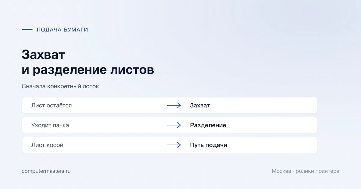 Различия захвата одного листа, пачки и перекоса бумаги