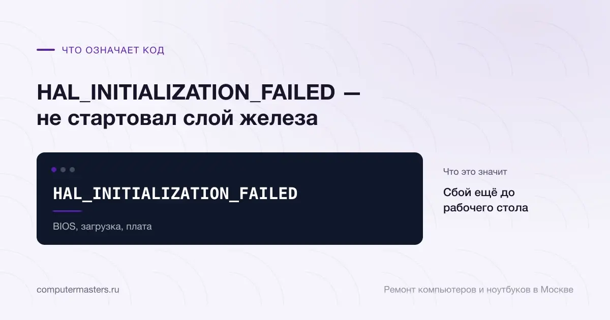Экран с сообщением «HAL_INITIALIZATION_FAILED»: сбой ещё до рабочего стола, проверять в порядке «BIOS, загрузка, плата»