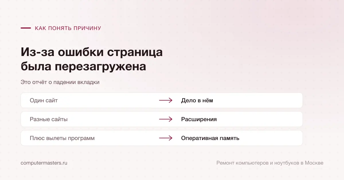 Таблица «признак — вывод»: один сайт — дело в нём; разные сайты — расширения; плюс вылеты программ — оперативная память