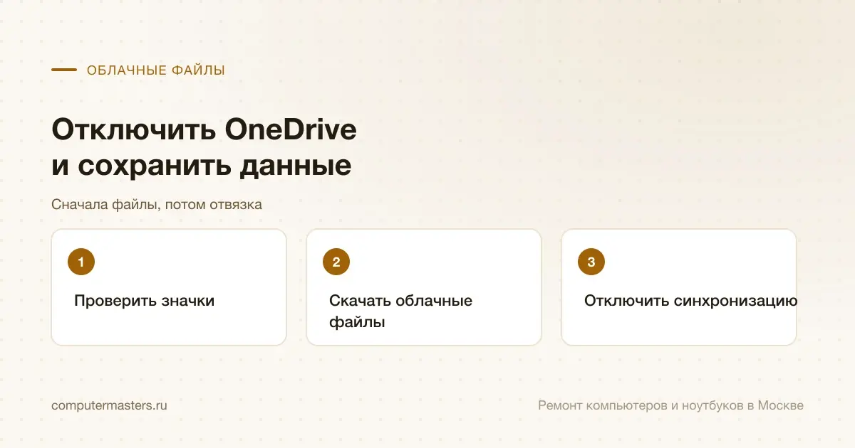 Три шага по порядку: проверить значки, скачать облачные файлы, отключить синхронизацию