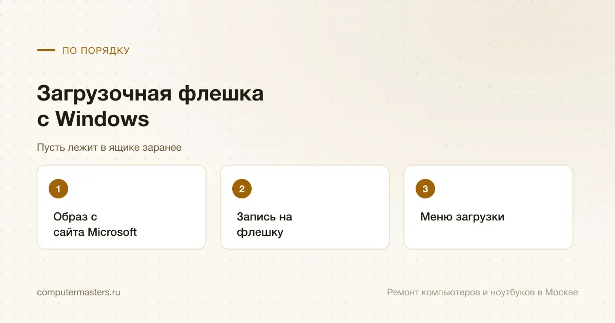 Три шага по порядку: образ с сайта microsoft, запись на флешку, меню загрузки