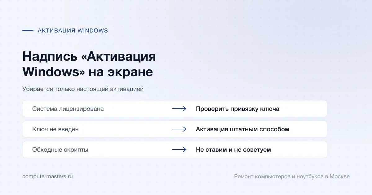 Таблица «признак — вывод»: система лицензирована — проверить привязку ключа; ключ не введён — активация штатным способом; обходные скрипты — не ставим и не советуем