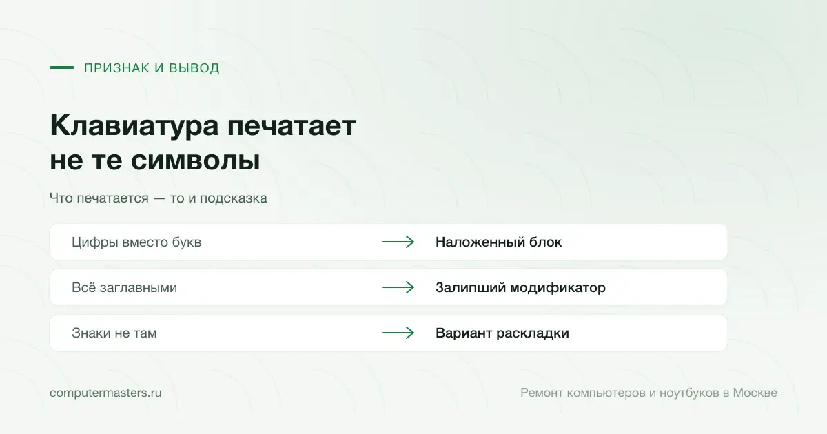 Таблица «признак — вывод»: цифры вместо букв — наложенный блок; всё заглавными — залипший модификатор; знаки не там — вариант раскладки
