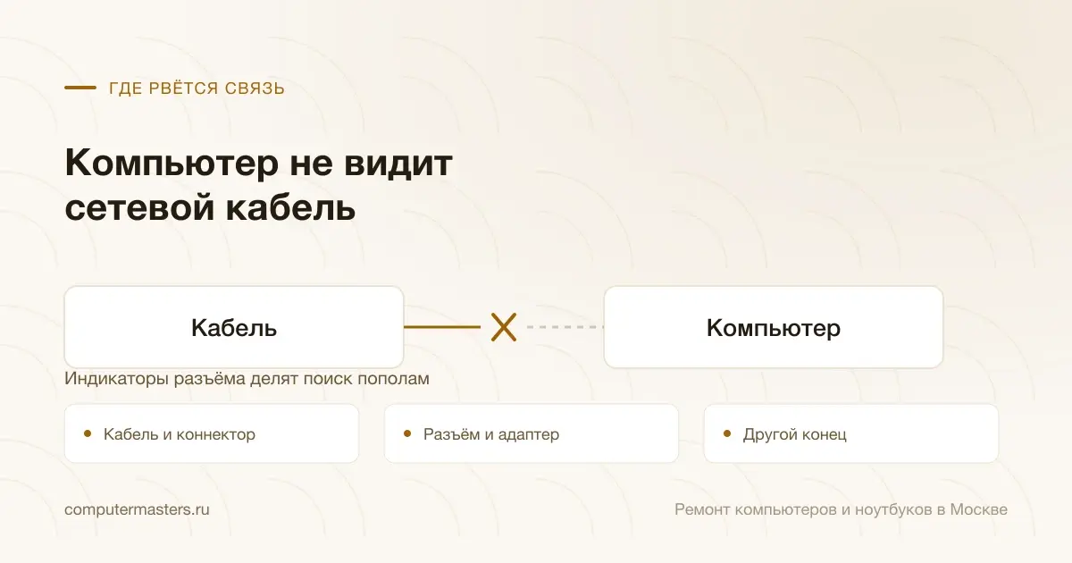 Схема связи «Кабель — Компьютер» и три места, где она рвётся чаще всего: кабель и коннектор, разъём и адаптер, другой конец