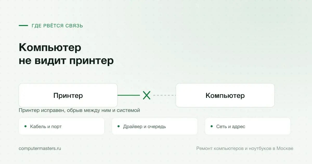 Схема связи «Принтер — Компьютер» и три места, где она рвётся чаще всего: кабель и порт, драйвер и очередь, сеть и адрес