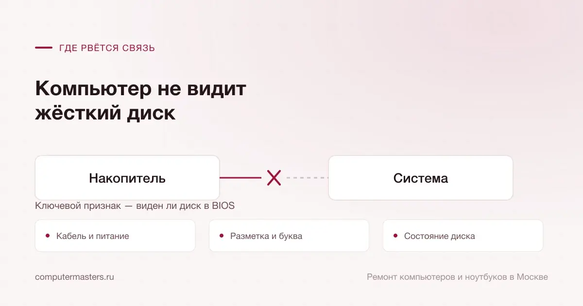 Схема связи «Накопитель — Система» и три места, где она рвётся чаще всего: кабель и питание, разметка и буква, состояние диска