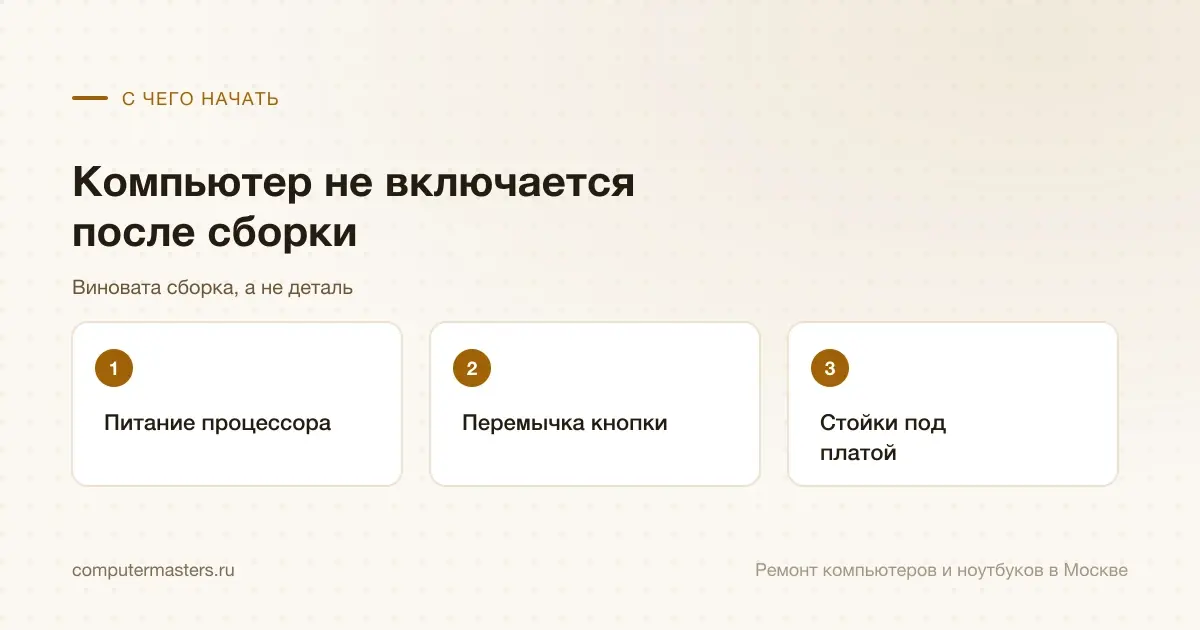Три шага по порядку: питание процессора, перемычка кнопки, стойки под платой
