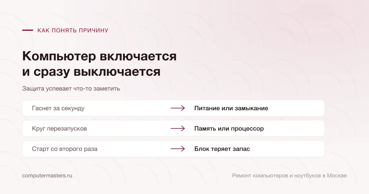 Таблица «признак — вывод»: гаснет за секунду — питание или замыкание; круг перезапусков — память или процессор; старт со второго раза — блок теряет запас