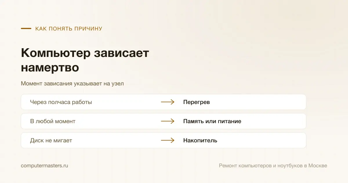 Таблица «признак — вывод»: через полчаса работы — перегрев; в любой момент — память или питание; диск не мигает — накопитель
