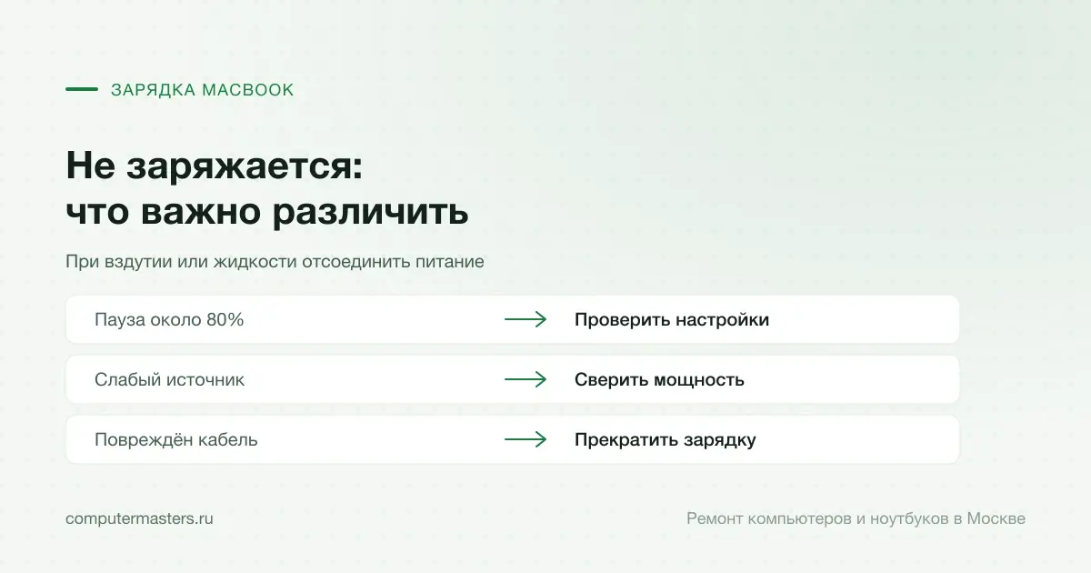 Таблица «признак — вывод»: пауза около 80% — проверить настройки; слабый источник — сверить мощность; повреждён кабель — прекратить зарядку