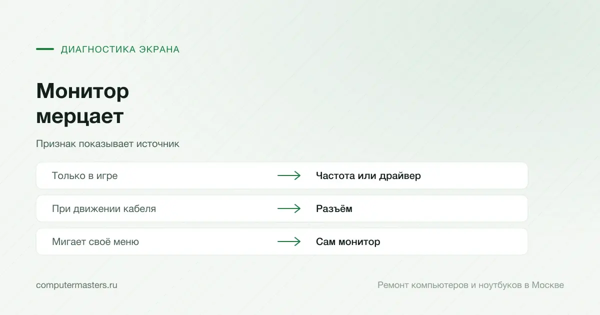 Таблица «признак — вывод»: только в игре — частота или драйвер; при движении кабеля — разъём; мигает своё меню — сам монитор