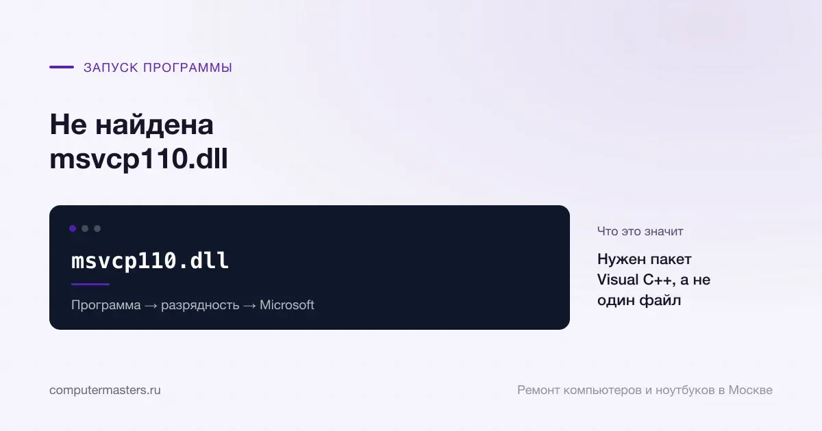 Экран с сообщением «msvcp110.dll»: нужен пакет visual c++, а не один файл, проверять в порядке «Программа → разрядность → Microsoft»