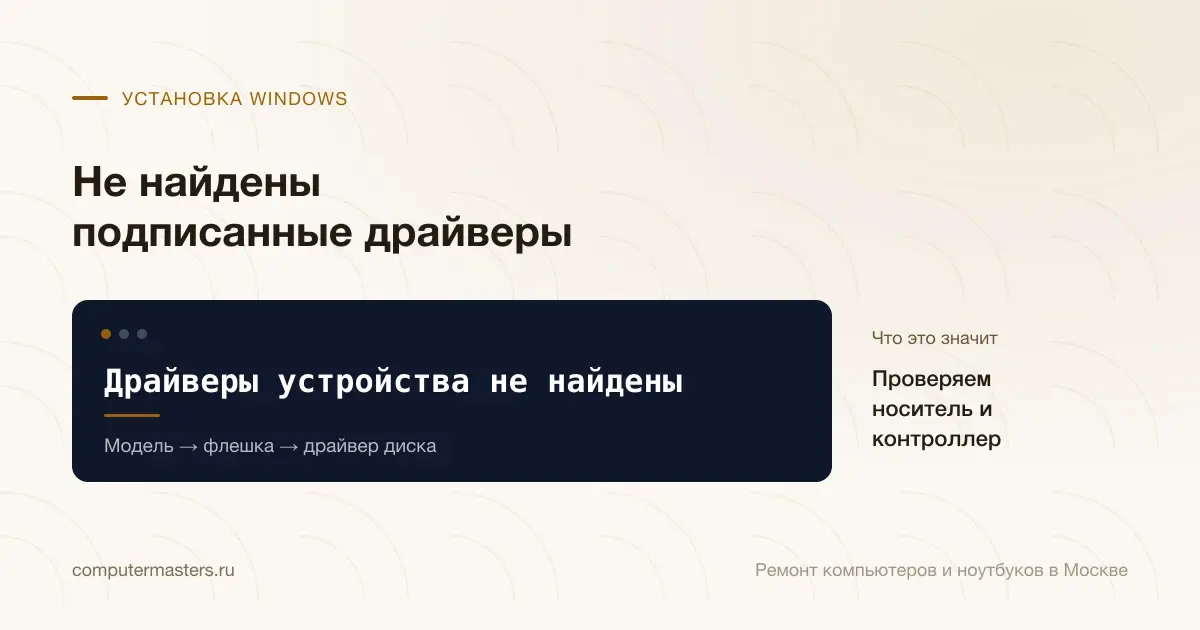 Экран с сообщением «Драйверы устройства не найдены»: проверяем носитель и контроллер, проверять в порядке «Модель → флешка → драйвер диска»