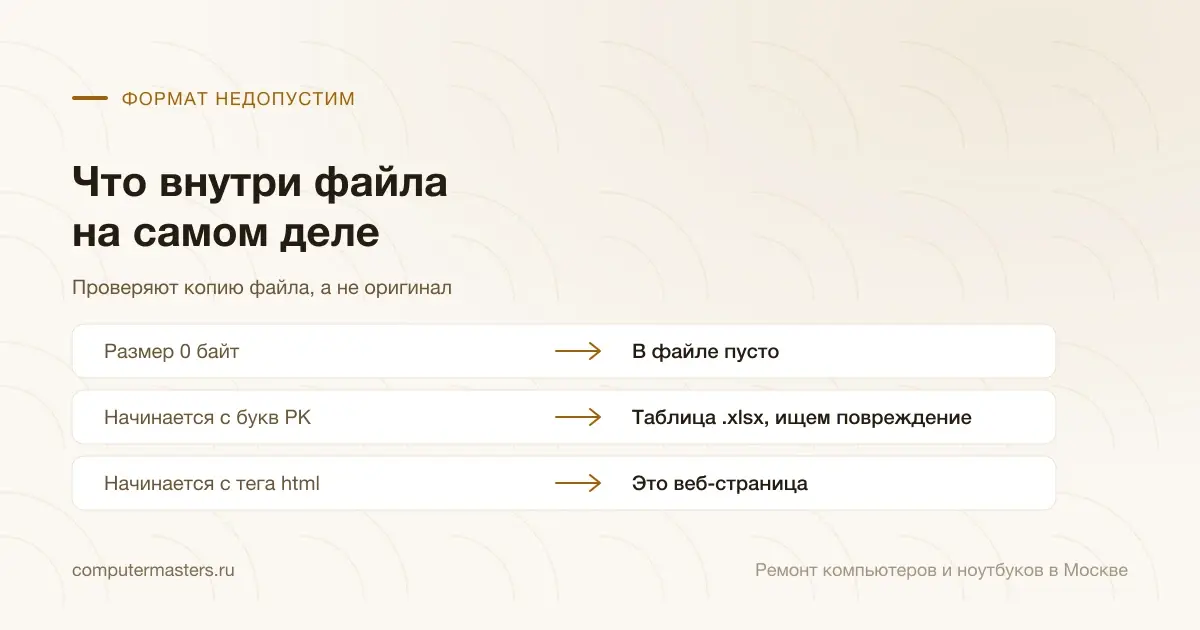 Схема «признак и вывод»: размер 0 байт, значит в файле пусто; начинается с букв PK, значит это таблица .xlsx и искать надо повреждение; начинается с тега html, значит это веб-страница