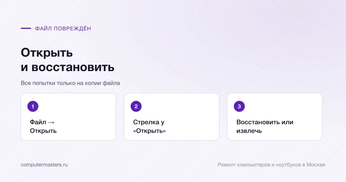 Схема из трёх шагов: «Файл», «Открыть»; стрелка у кнопки «Открыть»; «Восстановить» или «Извлечь данные»