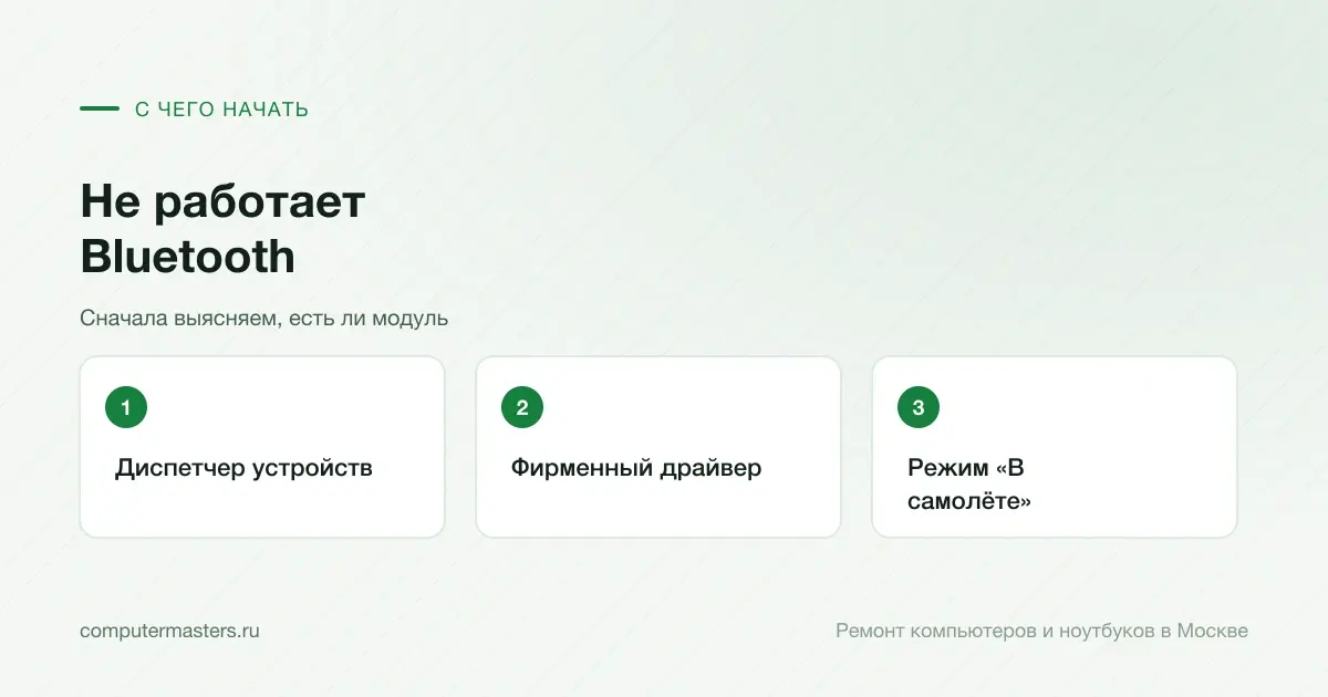 Три шага по порядку: диспетчер устройств, фирменный драйвер, режим «в самолёте»