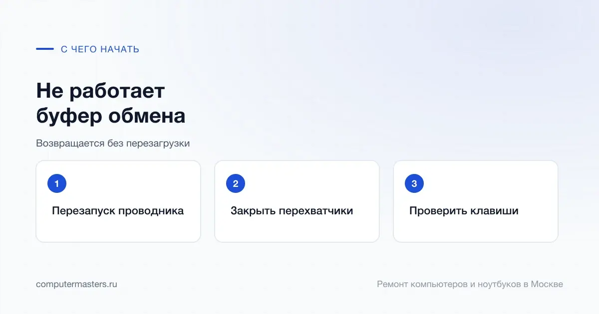 Три шага по порядку: перезапуск проводника, закрыть перехватчики, проверить клавиши