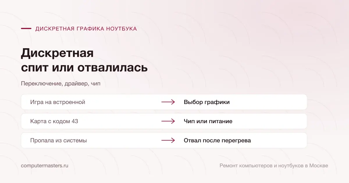 Таблица «признак — вывод»: игра на встроенной — выбор графики; карта с кодом 43 — чип или питание; пропала из системы — отвал после перегрева