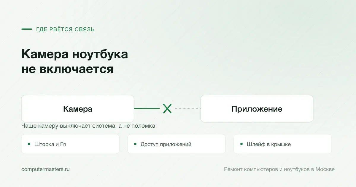 Схема связи «Камера — Приложение» и три места, где она рвётся чаще всего: шторка и fn, доступ приложений, шлейф в крышке