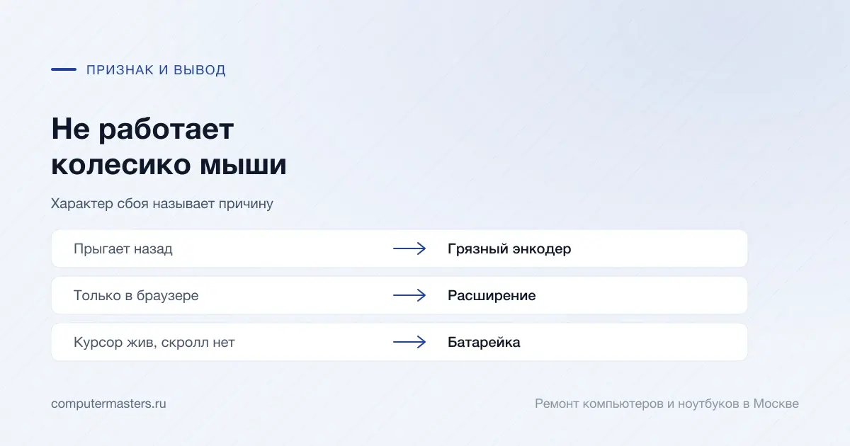 Таблица «признак — вывод»: прыгает назад — грязный энкодер; только в браузере — расширение; курсор жив, скролл нет — батарейка