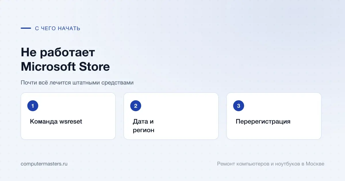 Три шага по порядку: команда wsreset, дата и регион, перерегистрация